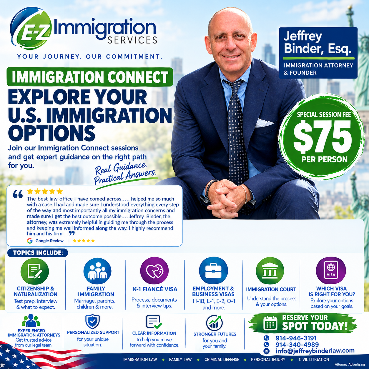 Immigration Connect: Explore your U.S. immigration options with Jeffrey Binder, Esq. Special session fee $75 per person.